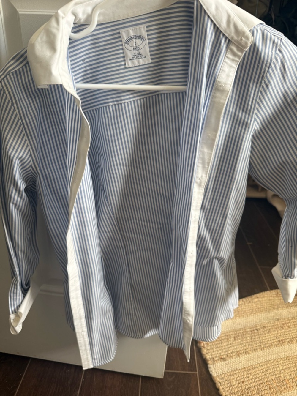 Brooks Brothers Blue-and-White Striped Dress Shirt with White Contrast Collar